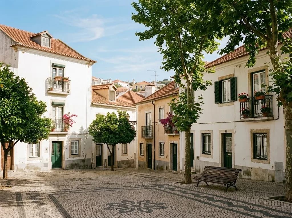 Um largo tranquilo em Odivelas com casas baixas e árvores