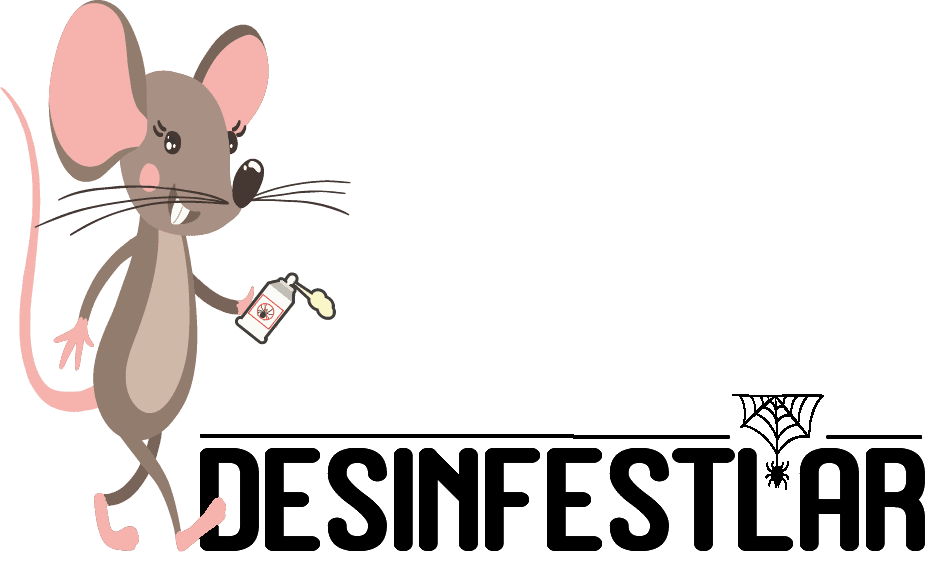 Logótipo da Desinfest Lar: um rato com um spray e uma aranha no seu fio