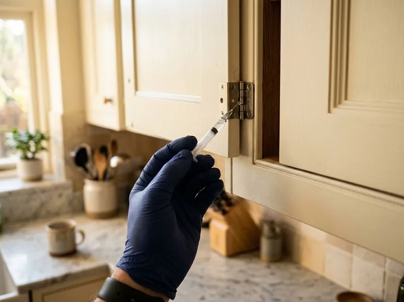 Gel isco aplicado na dobradiça de um armário de cozinha